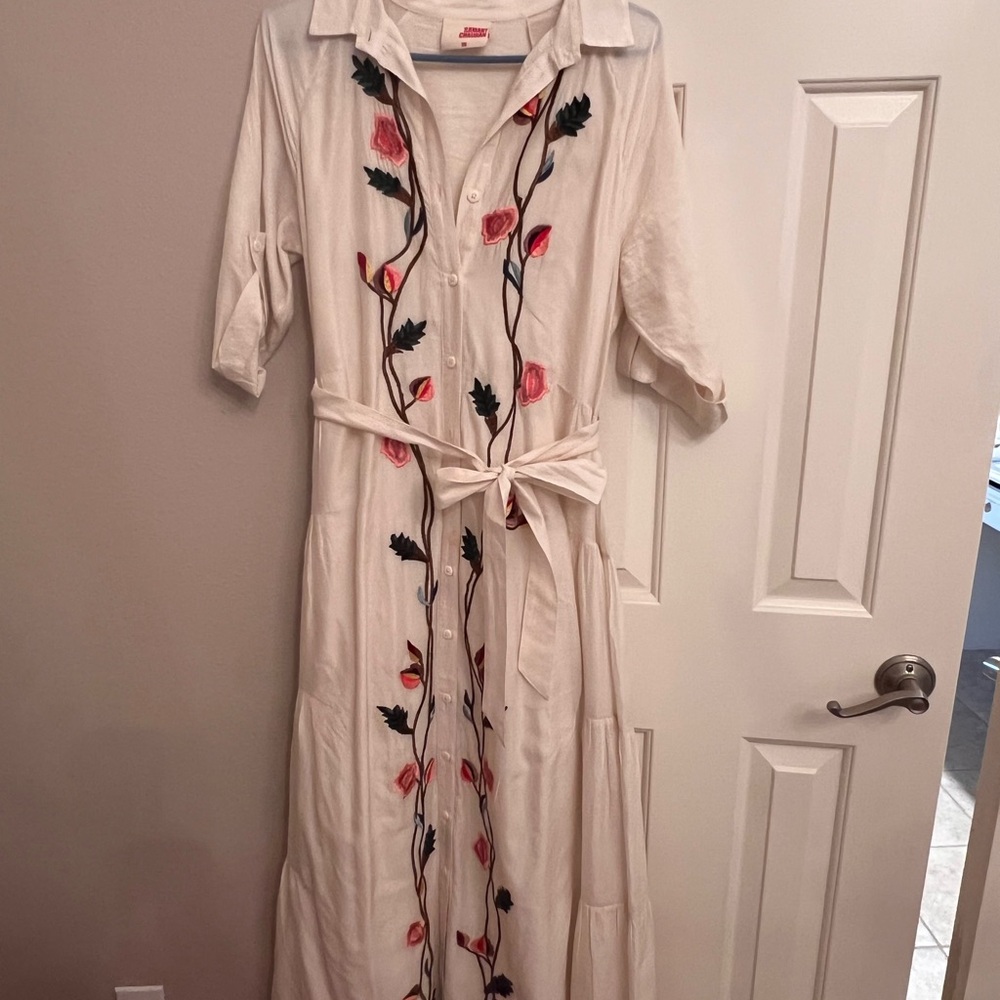 Anthropologie Floral Embroidered Cream Maxi Dress